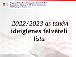 Ideiglenes felvételi lista a 2022/2023-as tanévre